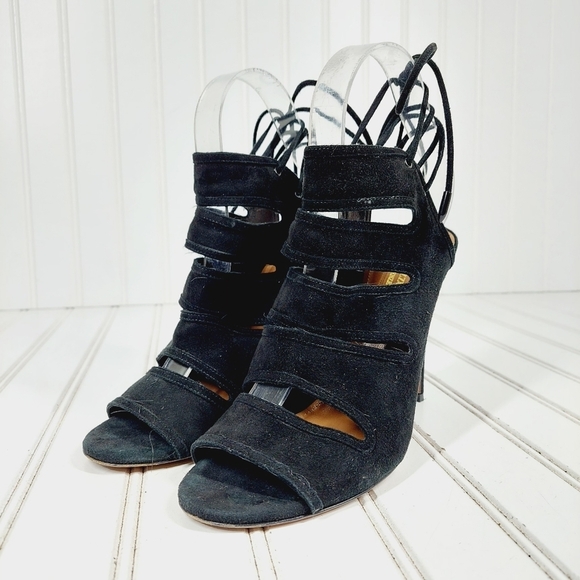 Aquazzura Black Lace Up Back Slip On High Heels Pep Toe Sandals B176 - Picture 2 of 11